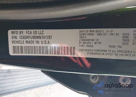 2021 Ram 1500 Trx из США, поврежденный, VIN 1C6SRFU95MN741707